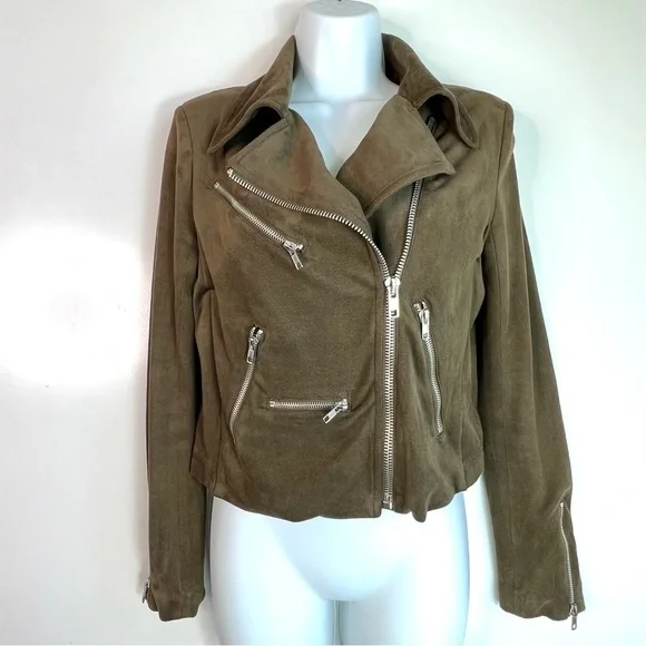 Olivaceous Vegan Faux Suede Moto Jacket Size Small - Picture 2 of 12